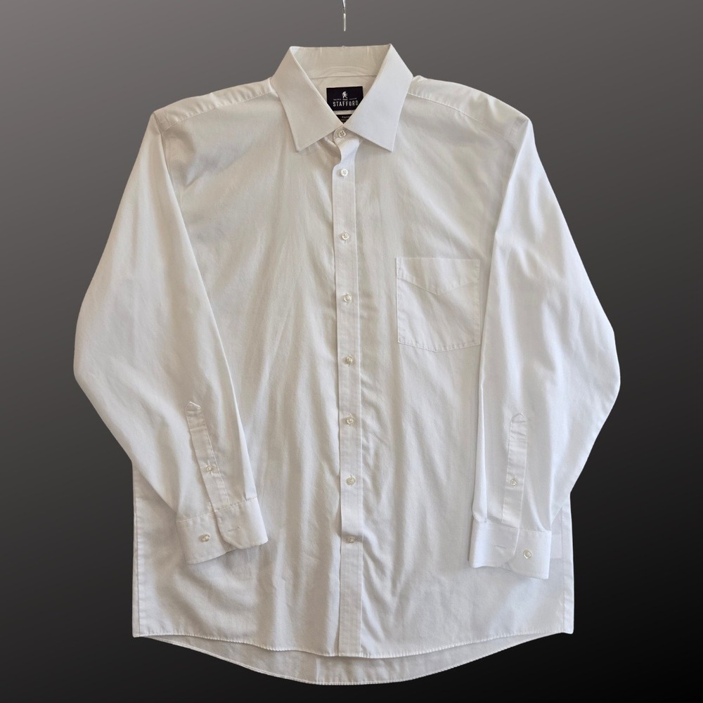 Stafford Dress Shirt Men 17 34-35 Ivory Classic Easy Care Broadcloth Travel - Picture 3 of 7